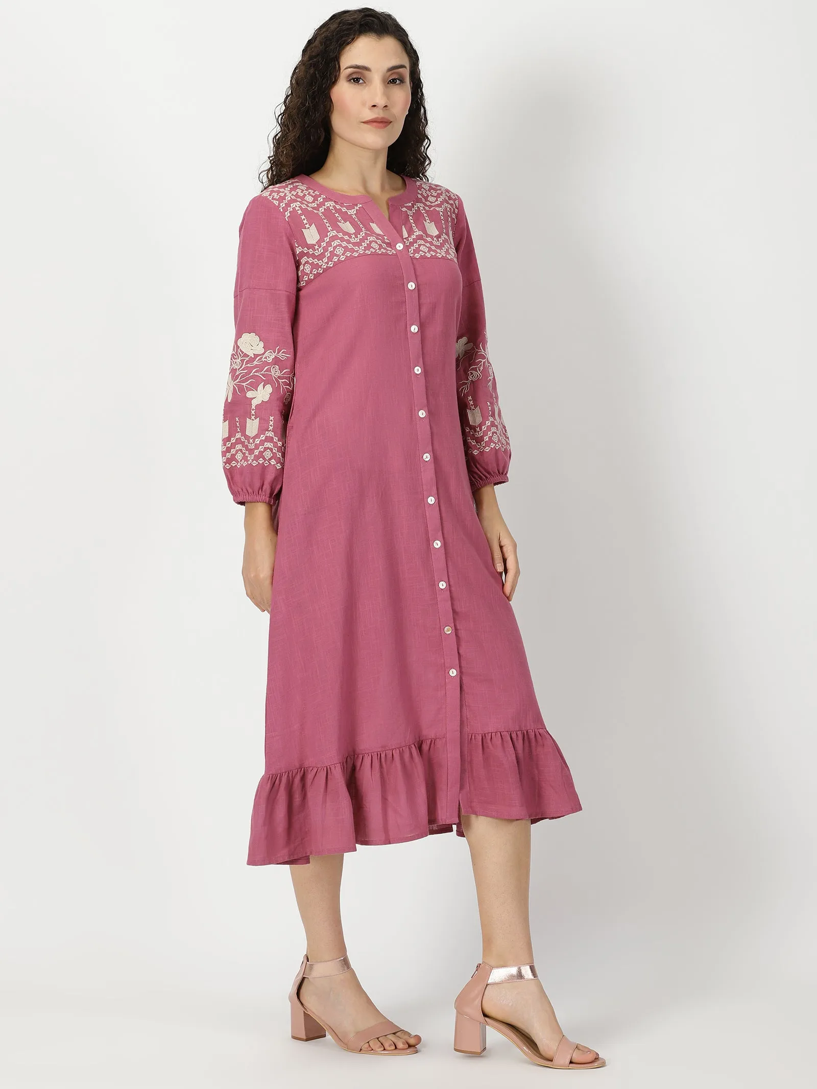 Pink Boho Midi Dress with Embroidered Details
