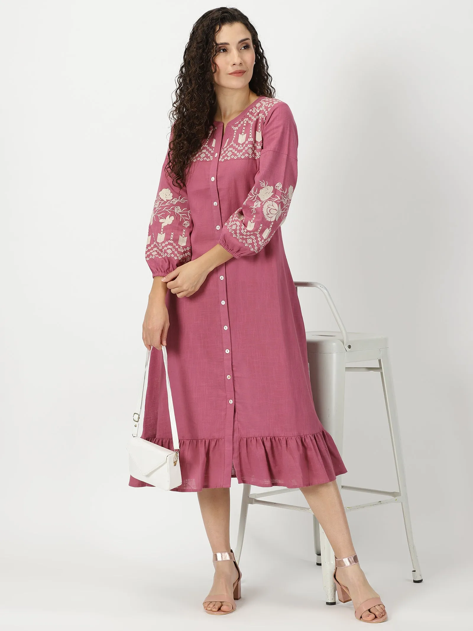 Pink Boho Midi Dress with Embroidered Details