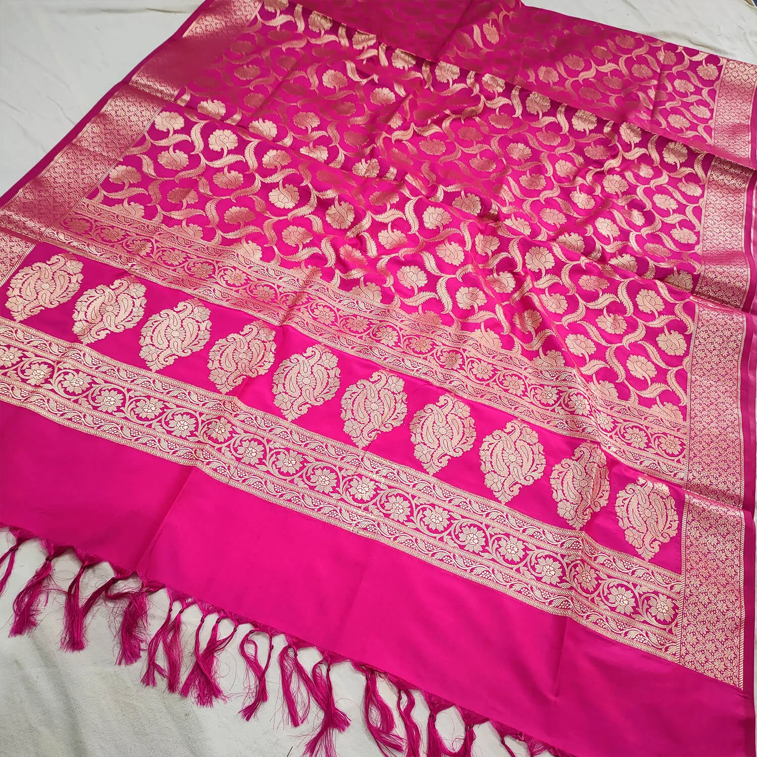 Pink Golden Zari Katan Silk Banarasi Dupatta