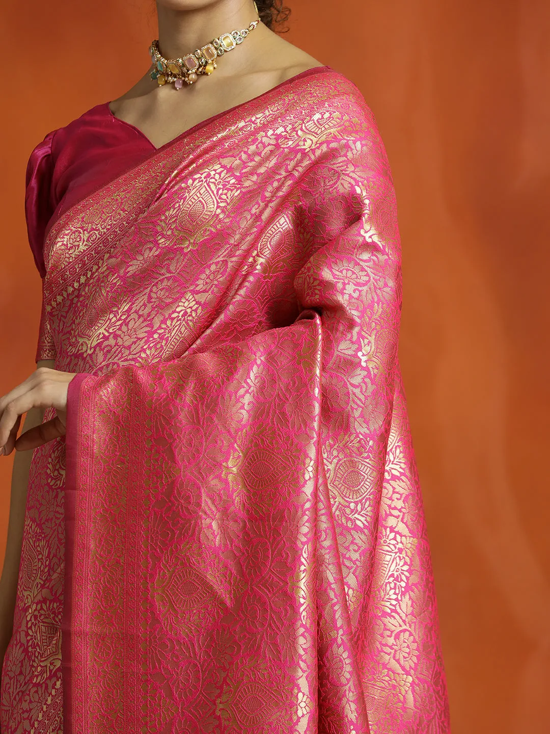 Pink Silk Banarasi Zari Woven Heavy Red Saree
