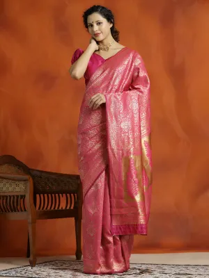 Pink Silk Banarasi Zari Woven Heavy Red Saree