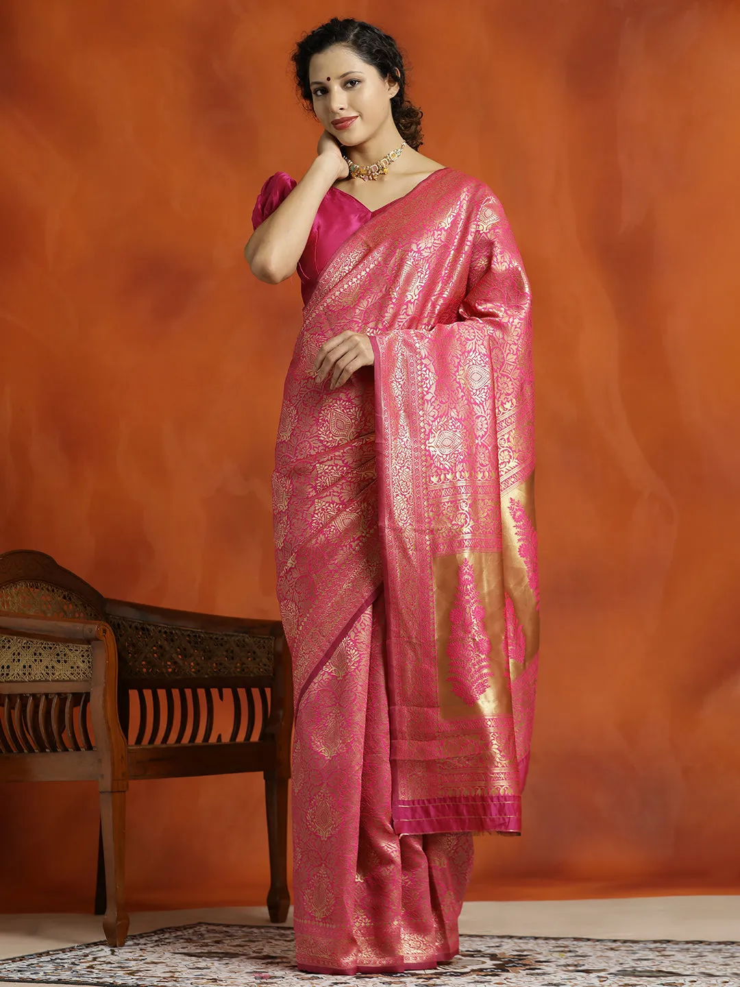 Pink Silk Banarasi Zari Woven Heavy Red Saree