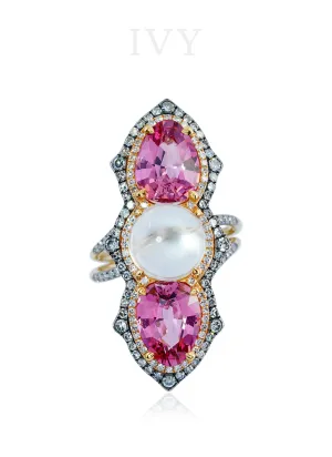 Pink Spinel, Moonstone and Diamond Ring