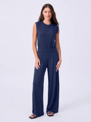 Pleat  Front Wide Leg Pants - Navy
