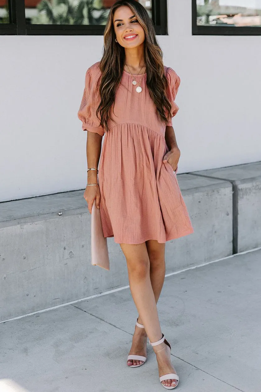 Pocketed Puff Sleeve Empire Waist Swing Short Dress