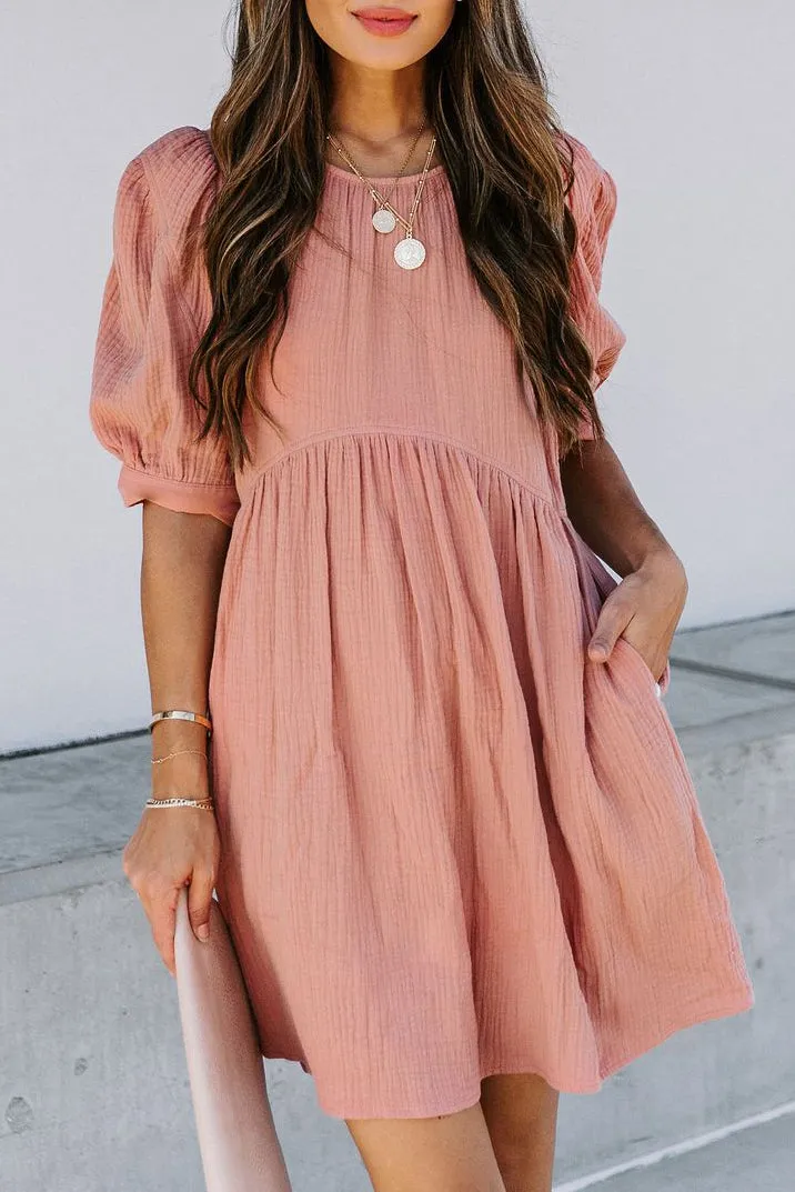 Pocketed Puff Sleeve Empire Waist Swing Short Dress