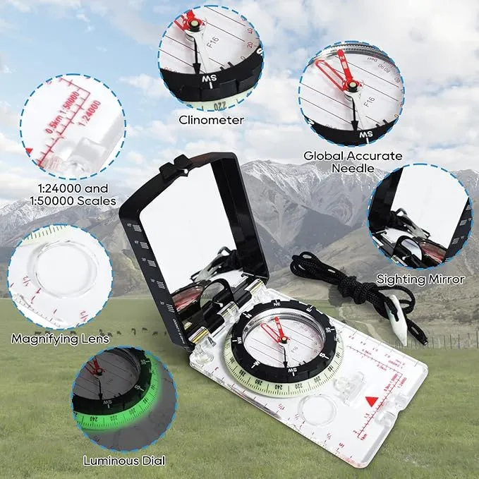 Posinly Orienteering Compass with Survival Whistle - Advanced Boy Scout Compass for Camping, Hiking and Navigation, Professional Field Compass for Map Reading, Compass for Kids