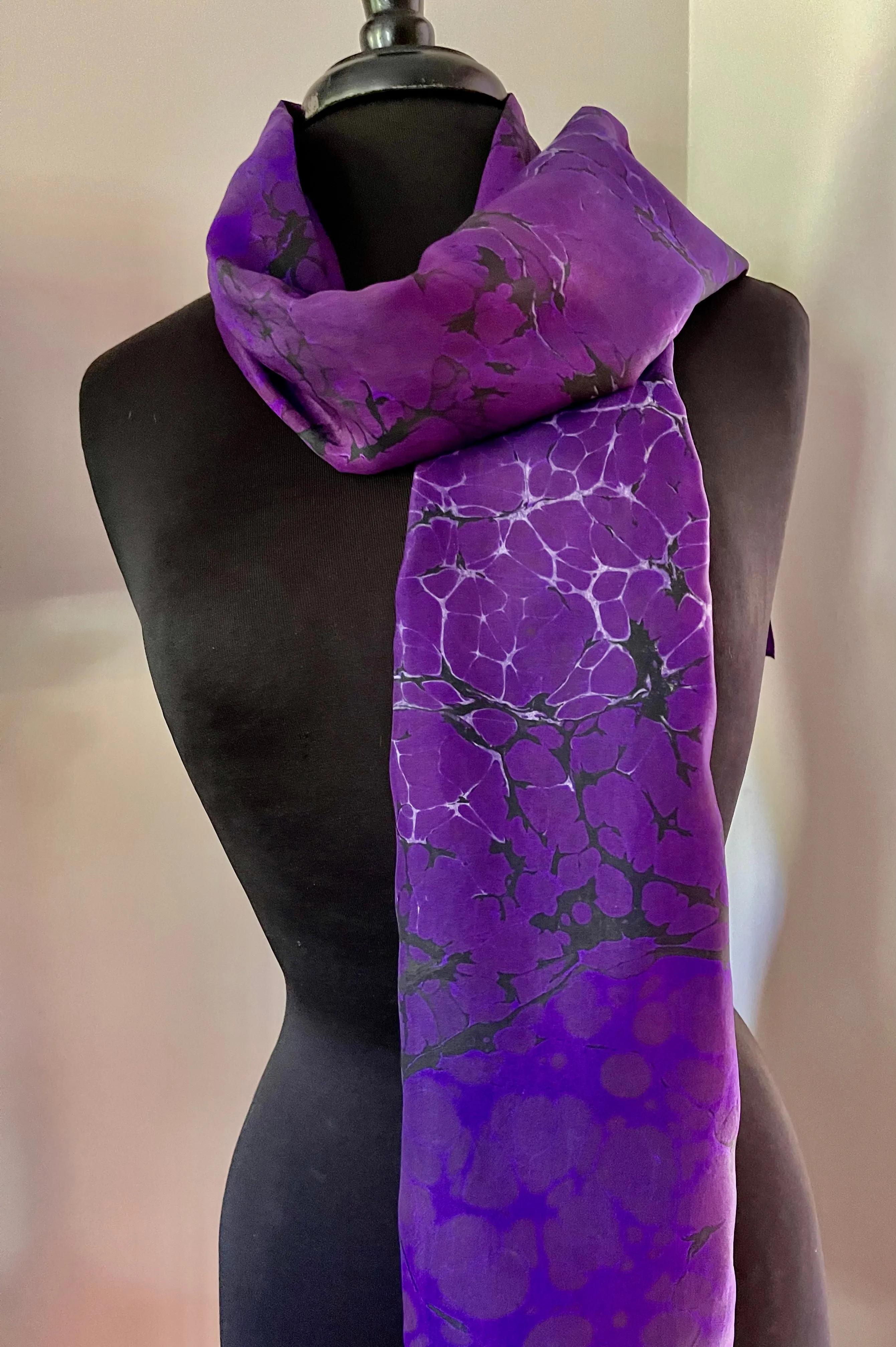 Purple Burgundy Blue Italian vein Water Marbled Habotai Silk 14x72.