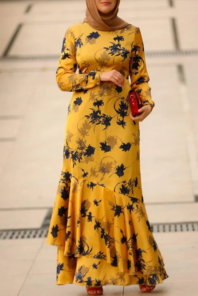 Radiant Yellow Floral Satin Maxi Dress with Lined Interior