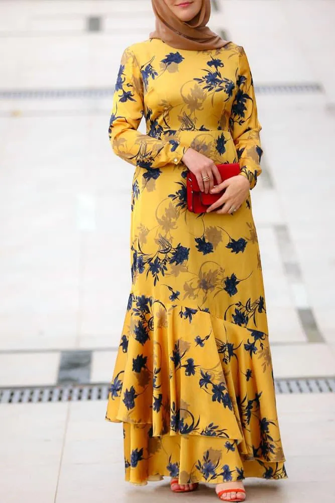 Radiant Yellow Floral Satin Maxi Dress with Lined Interior