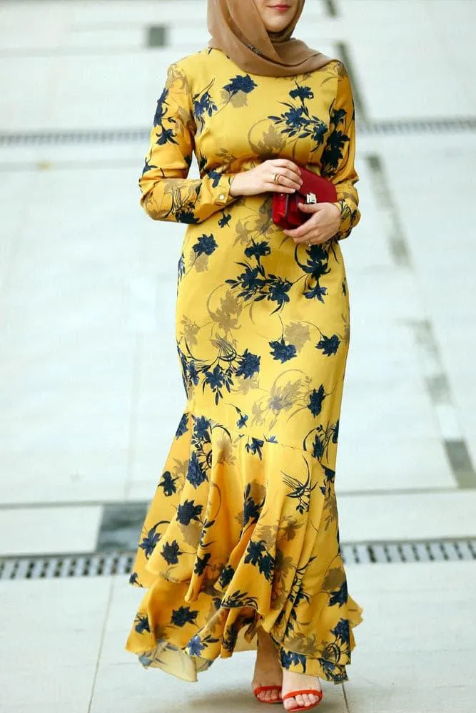 Radiant Yellow Floral Satin Maxi Dress with Lined Interior