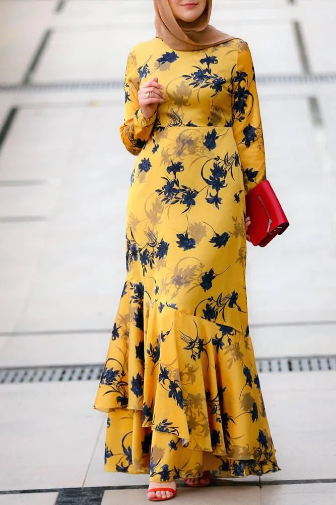Radiant Yellow Floral Satin Maxi Dress with Lined Interior