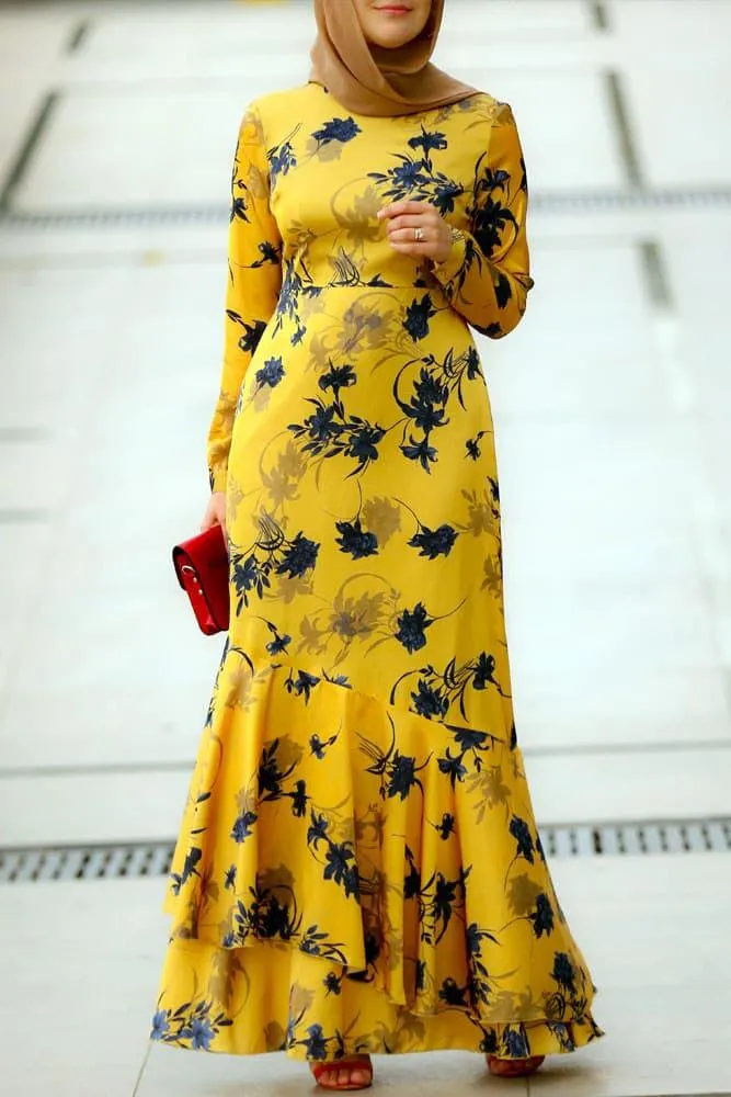 Radiant Yellow Floral Satin Maxi Dress with Lined Interior