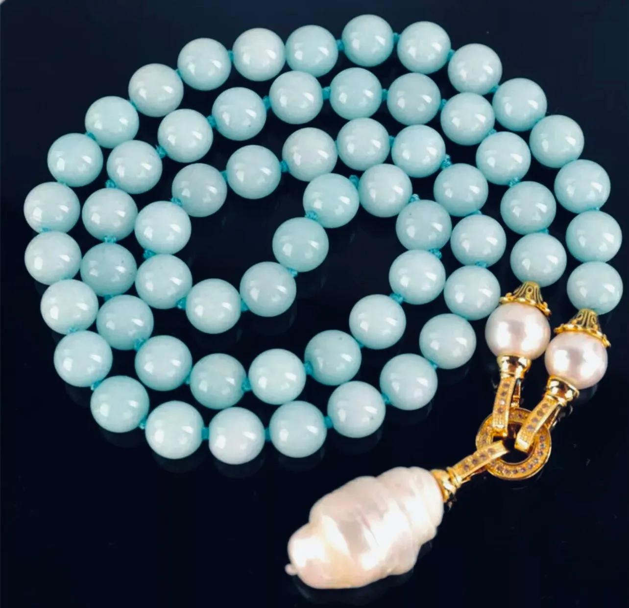 Rare Keshi Pearl Drop & Aquamarine Gemstone Double-Knotted Statement Necklace 18"
