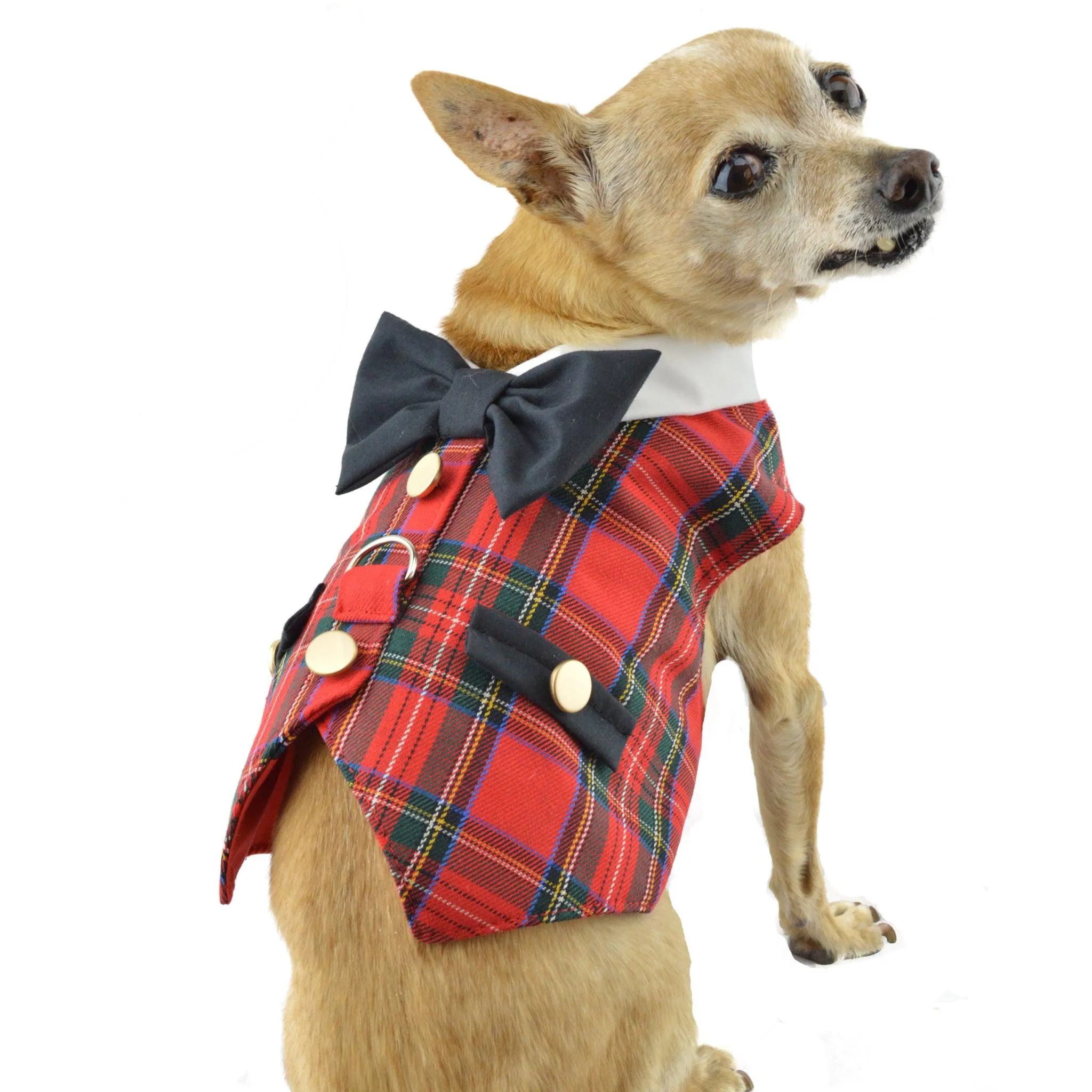 Red Tartan Plaid Boy Dog's Vest With Built In Harness
