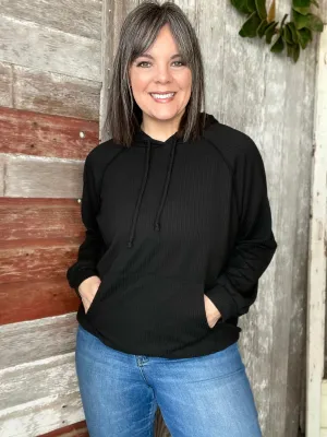 Ribbed Puff Sleeve Hoodie Top