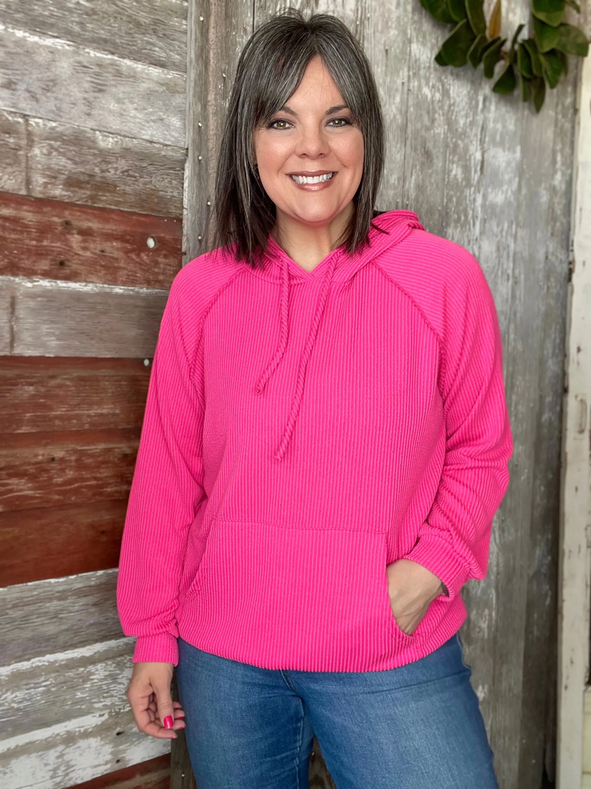Ribbed Puff Sleeve Hoodie Top