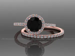 Rose Gold White Sapphire And Black Diamond Wedding Ring Set