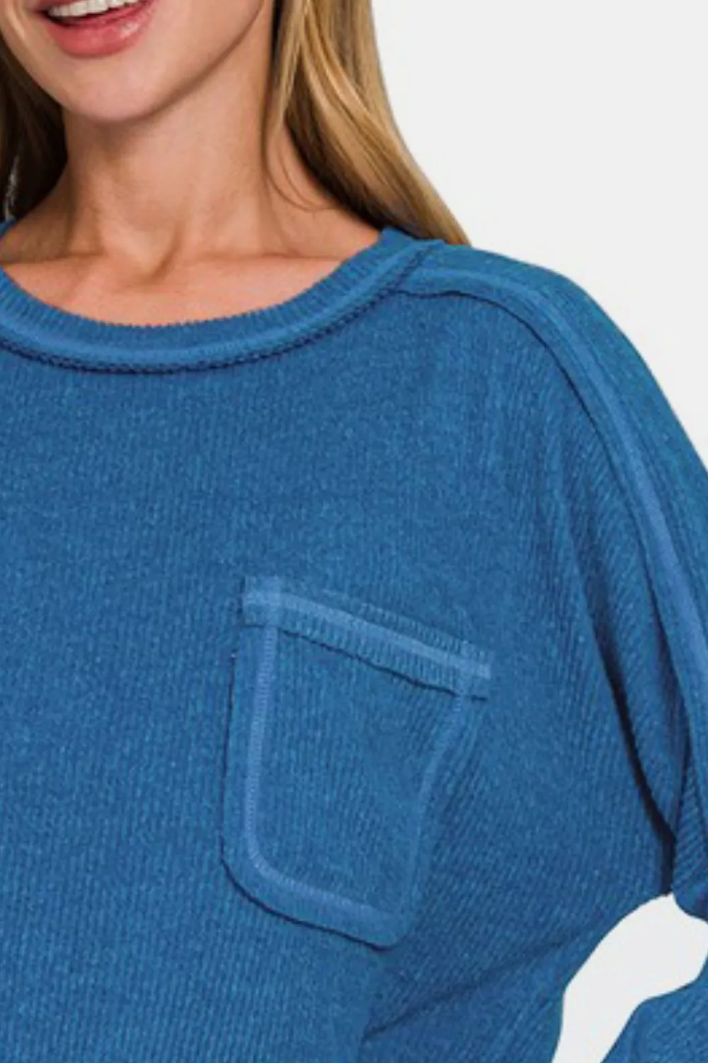 Royal Blue Contrast Stitching Brushed Ribbed Hacci Knit Top Plus Size