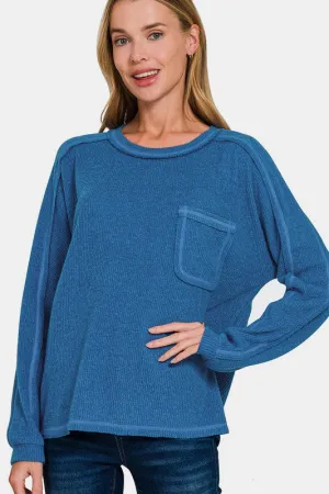 Royal Blue Contrast Stitching Brushed Ribbed Hacci Knit Top Plus Size