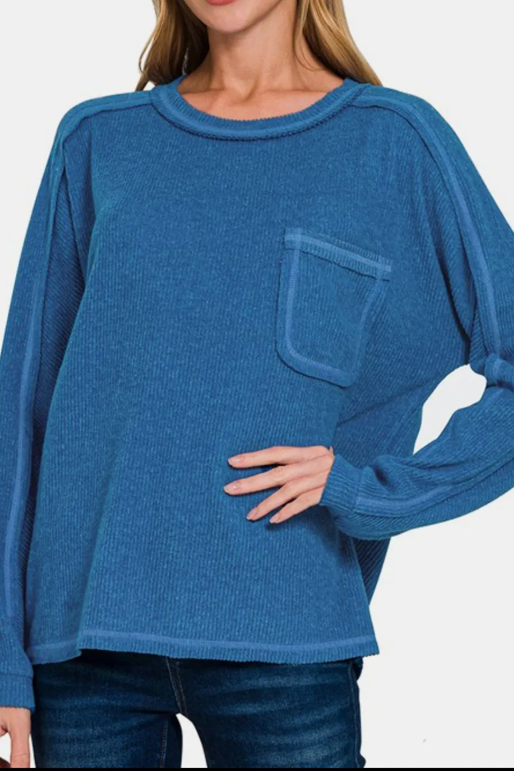 Royal Blue Contrast Stitching Brushed Ribbed Hacci Knit Top Plus Size