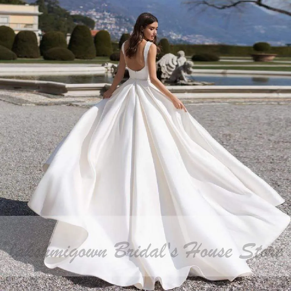 Roycebridal Elegant A Line V Neck Satin Wedding Dresses with Pockets
