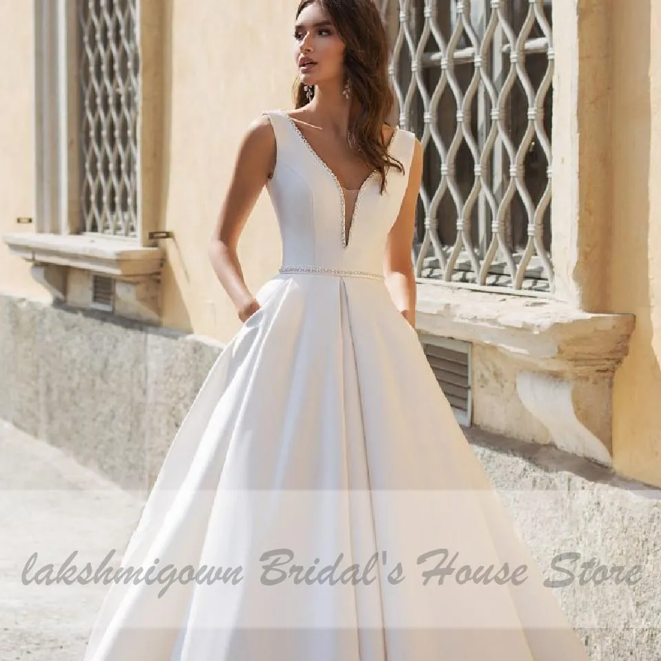Roycebridal Elegant A Line V Neck Satin Wedding Dresses with Pockets