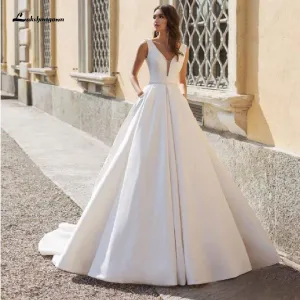 Roycebridal Elegant A Line V Neck Satin Wedding Dresses with Pockets