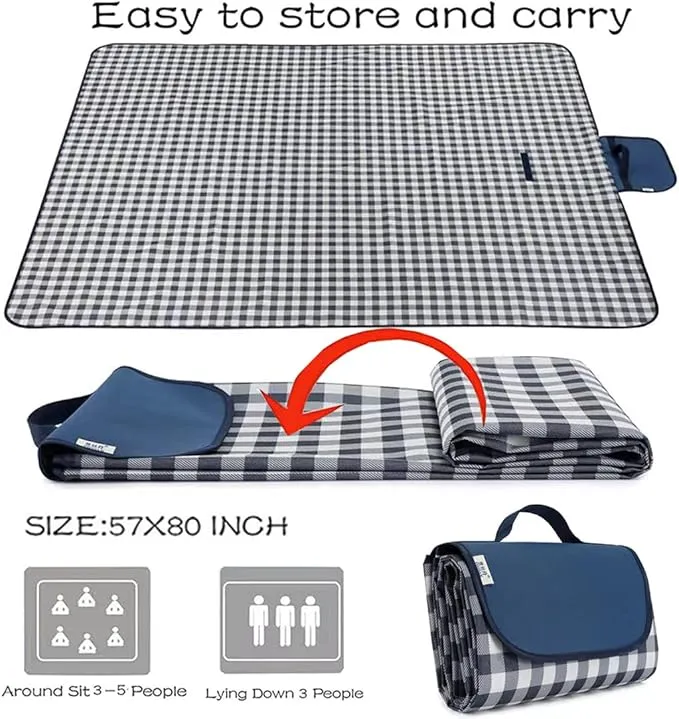 RUIBOLU Beach Blanket Large Picnic Blankets, Sandproof Beach Mat for 2-4 Adults Waterproof Quick Drying Outdoor Picnic Mat for Travel Camping Hiking Festival Park Lawn (Dark Blue Plaids)