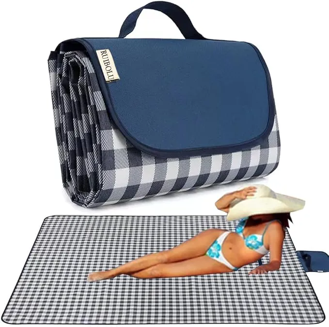 RUIBOLU Beach Blanket Large Picnic Blankets, Sandproof Beach Mat for 2-4 Adults Waterproof Quick Drying Outdoor Picnic Mat for Travel Camping Hiking Festival Park Lawn (Dark Blue Plaids)