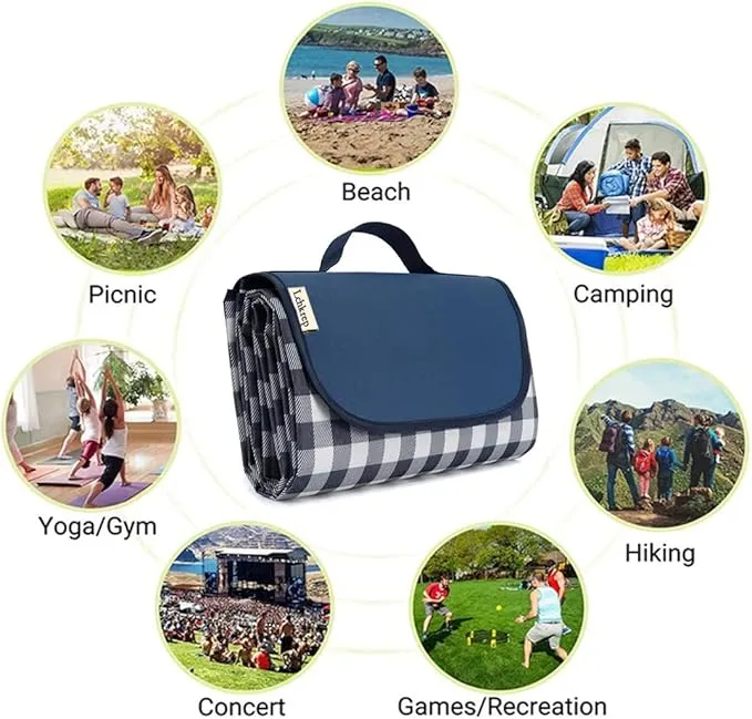 RUIBOLU Beach Blanket Large Picnic Blankets, Sandproof Beach Mat for 2-4 Adults Waterproof Quick Drying Outdoor Picnic Mat for Travel Camping Hiking Festival Park Lawn (Dark Blue Plaids)