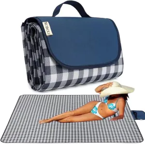 RUIBOLU Beach Blanket Large Picnic Blankets, Sandproof Beach Mat for 2-4 Adults Waterproof Quick Drying Outdoor Picnic Mat for Travel Camping Hiking Festival Park Lawn (Dark Blue Plaids)