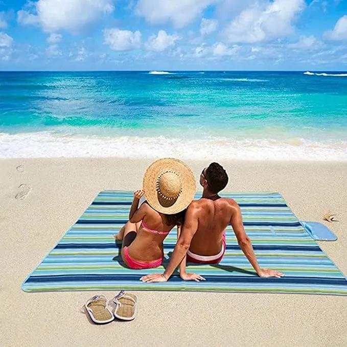RUIBOLU Large Picnic Blanket, Beach Blankets(80X60) Inch Sandproof Beach Mat for 3-5 Adults Waterproof Quick Drying Outdoor Picnic Mat for Travel Camping Park Lawn (Blue Stripes)