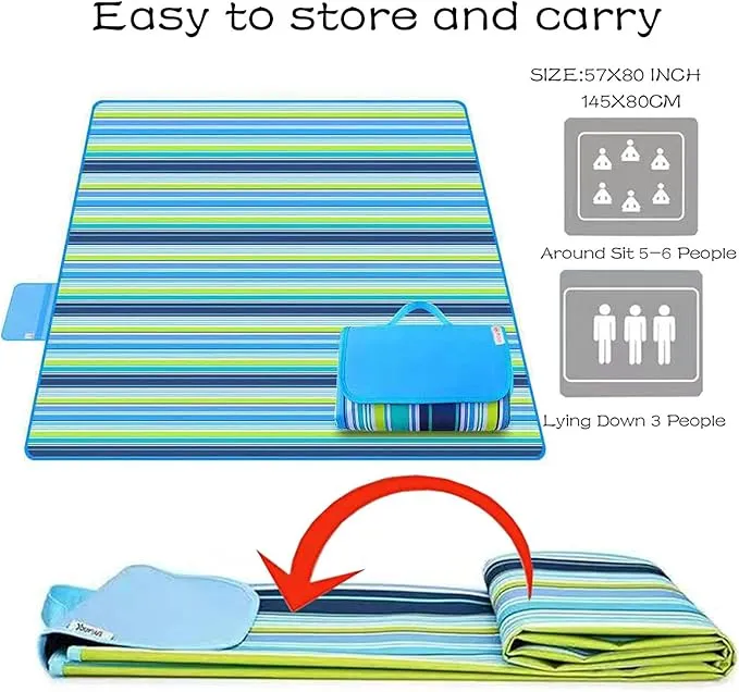 RUIBOLU Large Picnic Blanket, Beach Blankets(80X60) Inch Sandproof Beach Mat for 3-5 Adults Waterproof Quick Drying Outdoor Picnic Mat for Travel Camping Park Lawn (Blue Stripes)