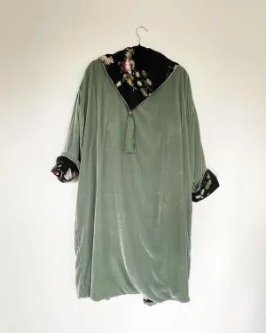 Sage Green Velvet Caftan with Crane Artwork