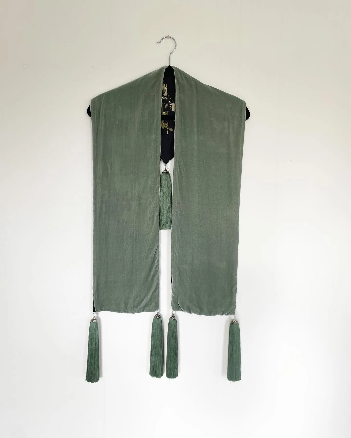 Sage Green Velvet Caftan with Crane Artwork