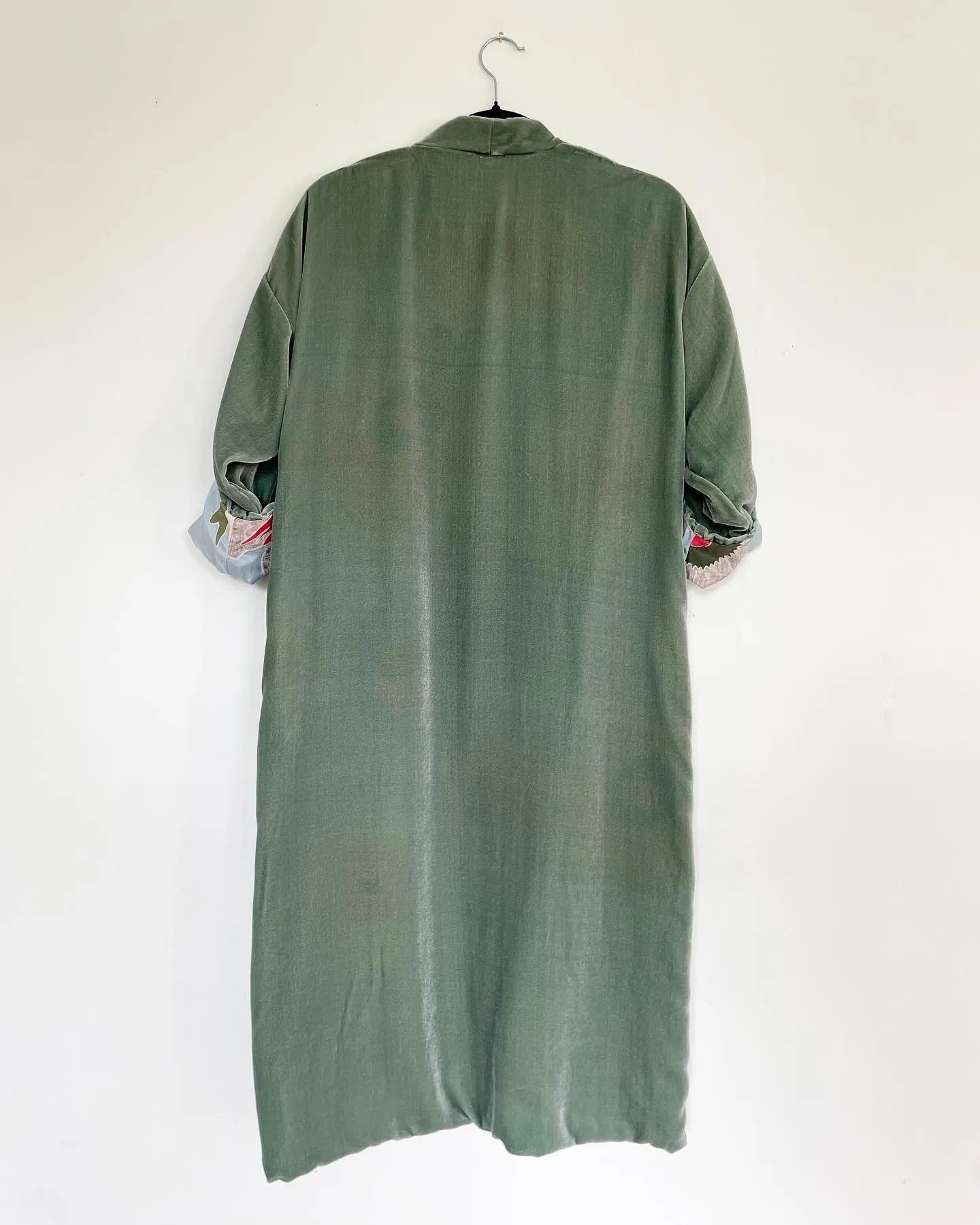Sage Green Velvet Caftan with Crane Artwork
