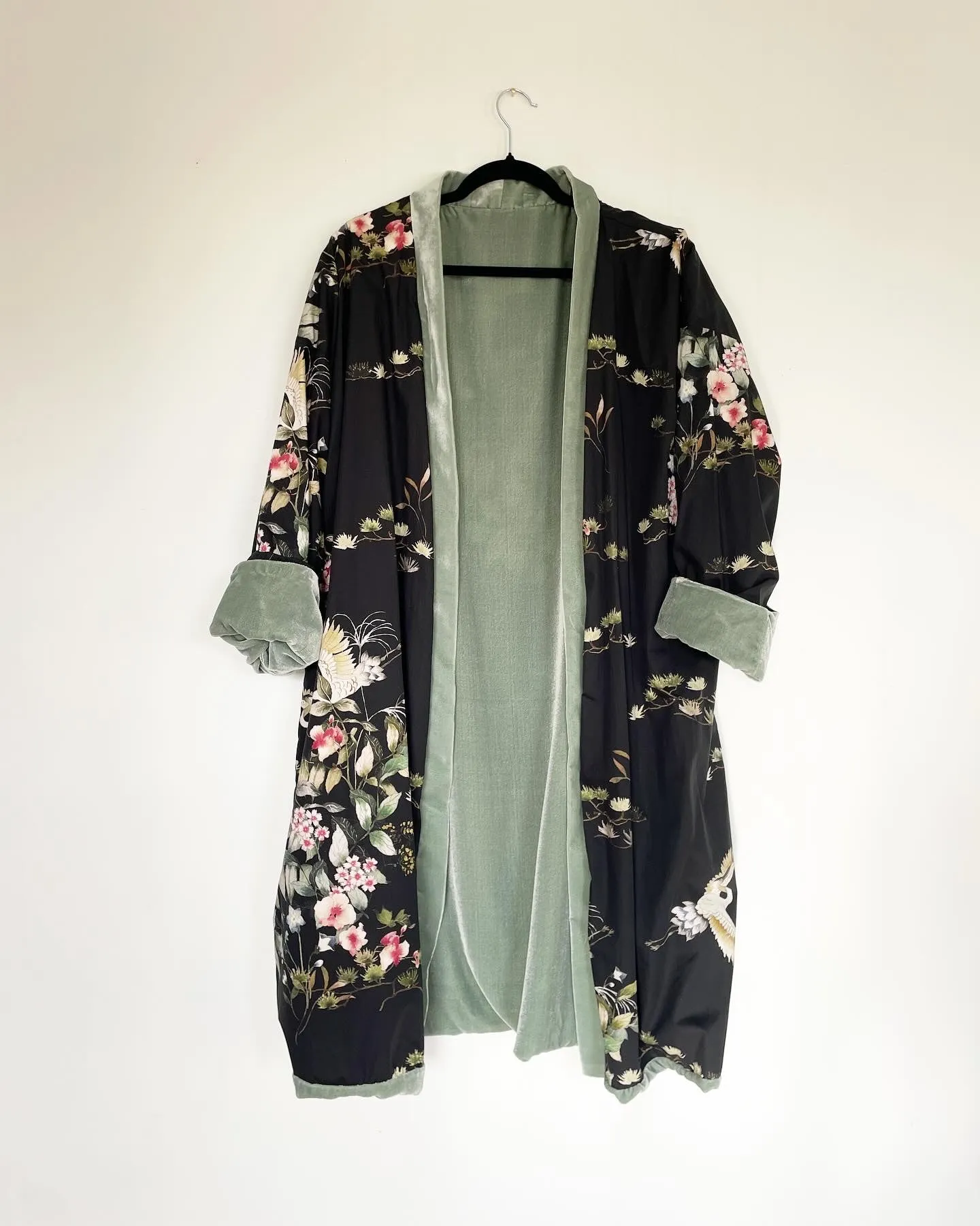 Sage Green Velvet Caftan with Crane Artwork
