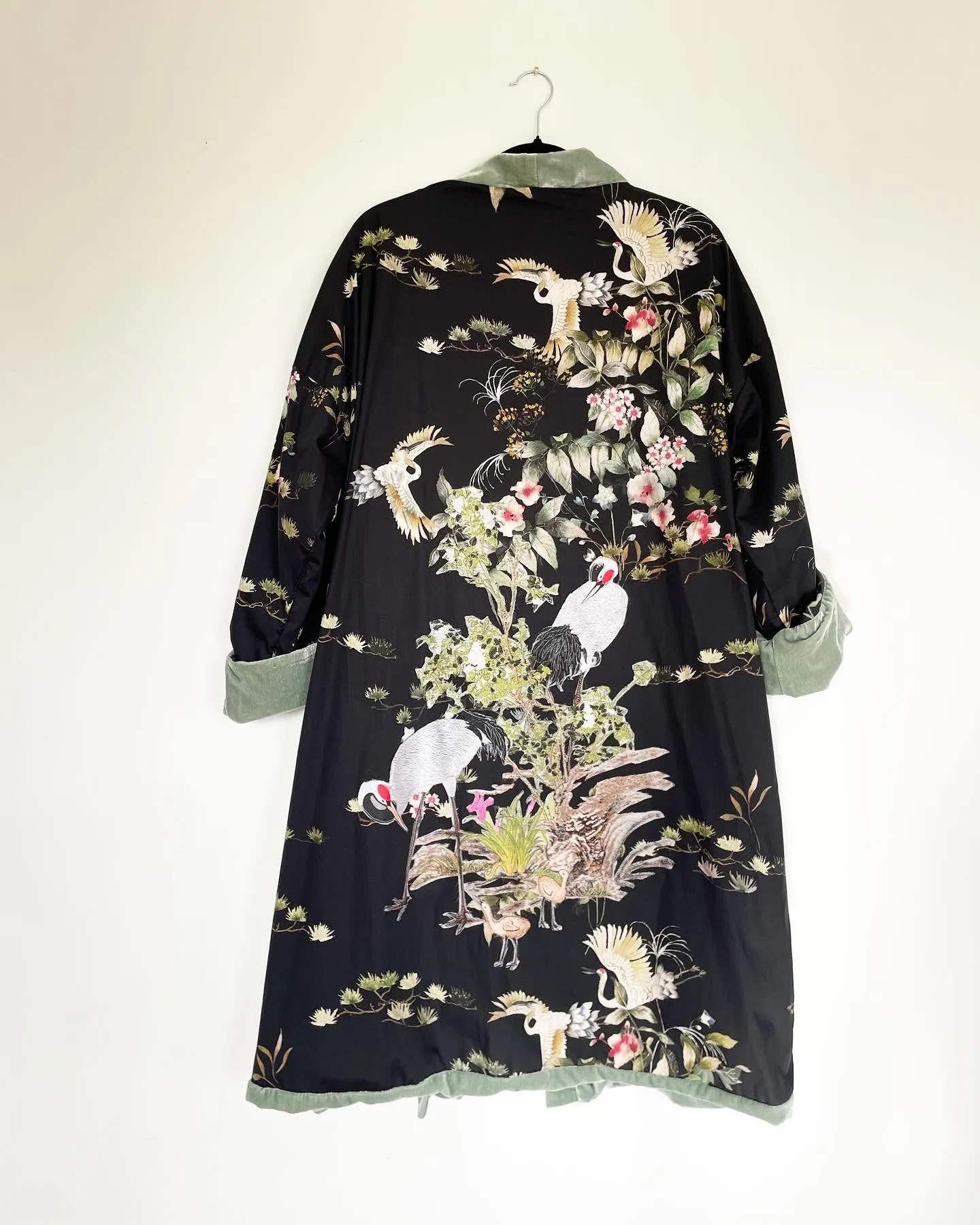 Sage Green Velvet Caftan with Crane Artwork