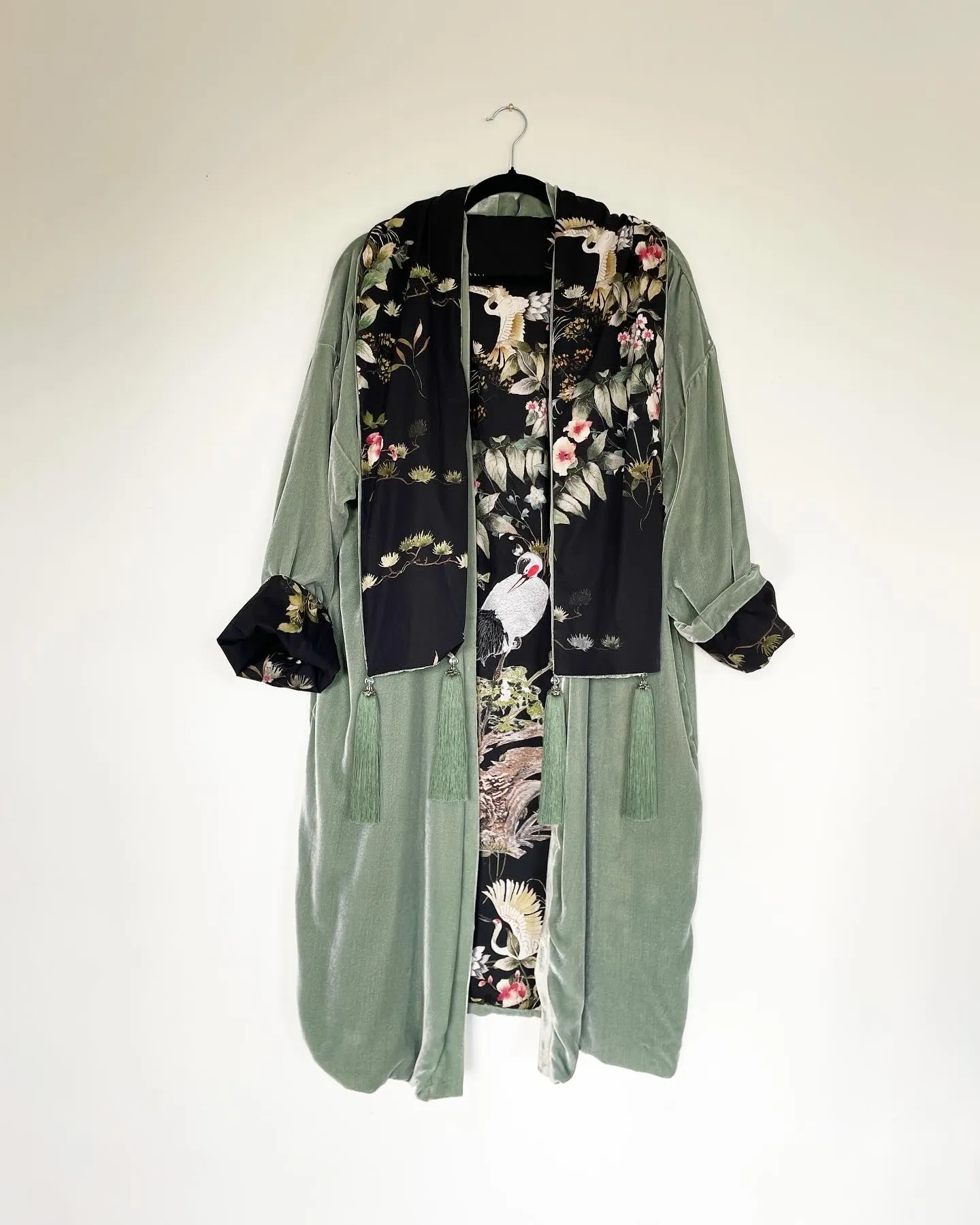 Sage Green Velvet Caftan with Crane Artwork