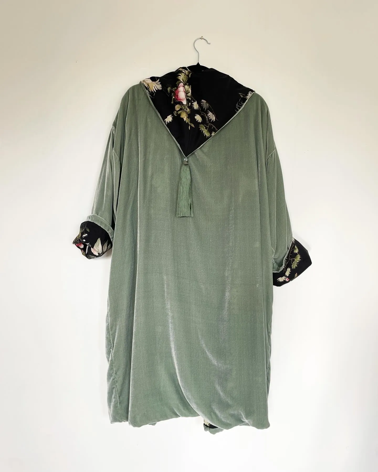 Sage Green Velvet Caftan with Crane Artwork