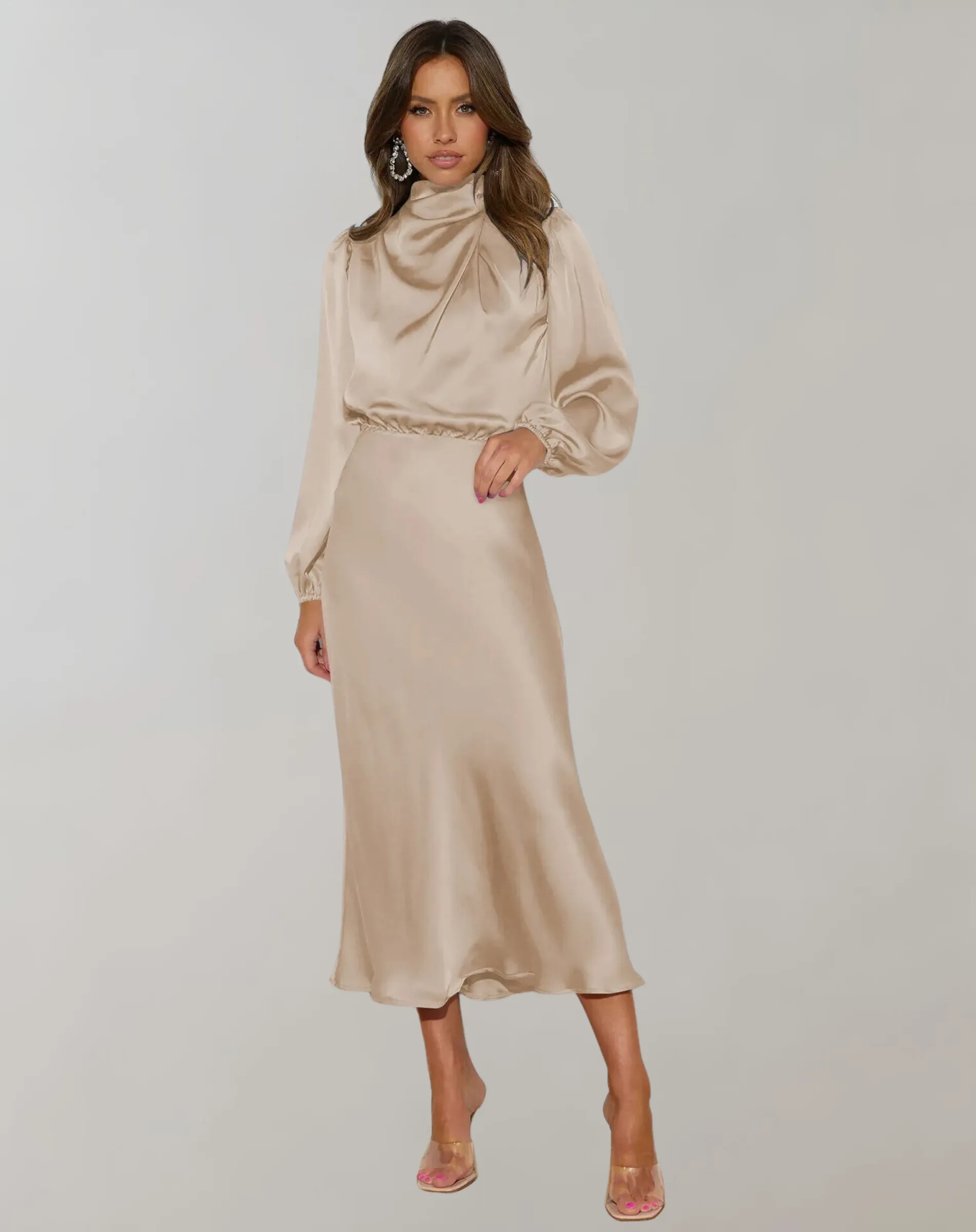 Selviera | Womens Satin Midi Dress with Long Sleeves in Teal, Emerald or Black – Modest Formal Outfit