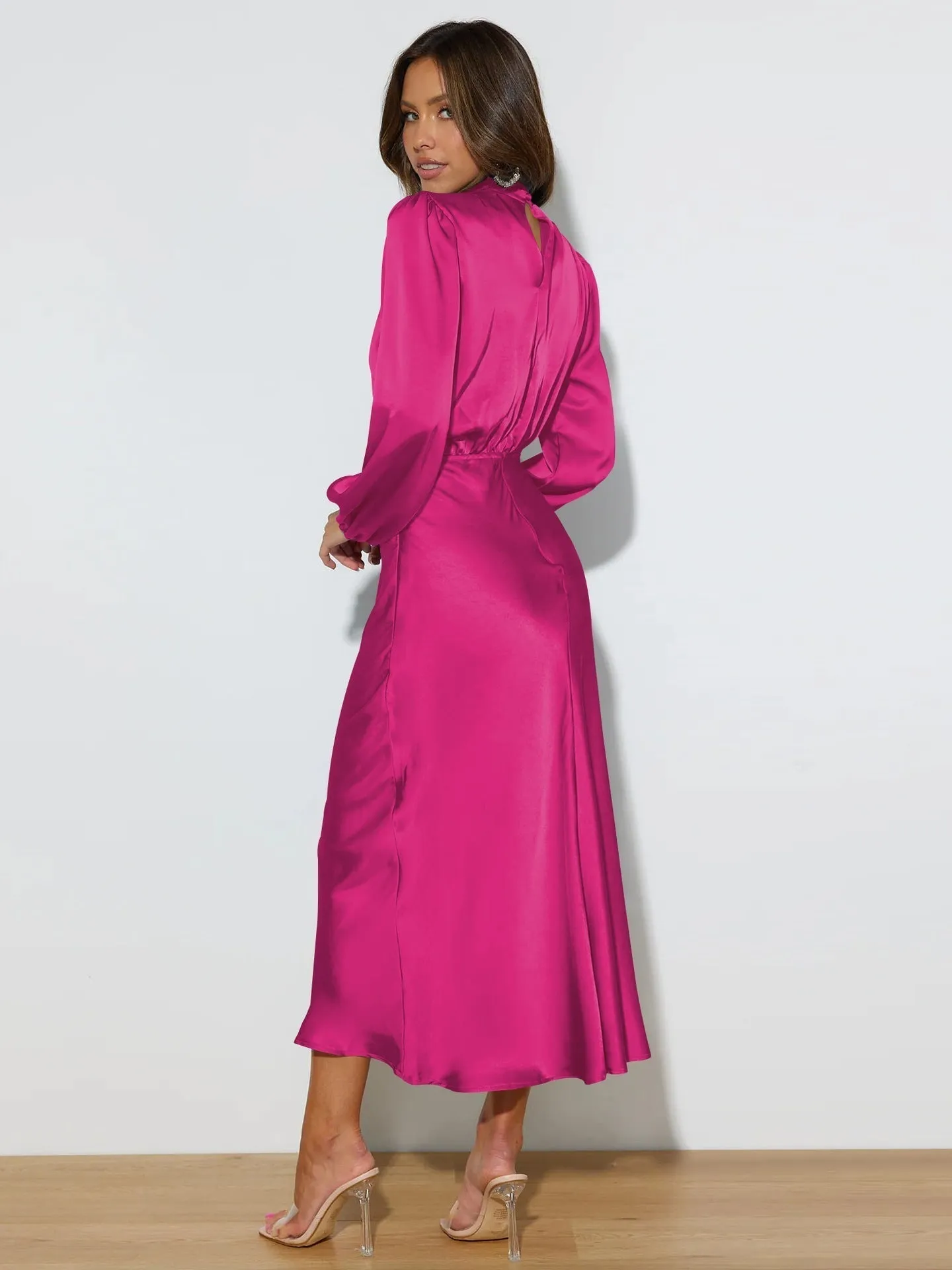 Selviera | Womens Satin Midi Dress with Long Sleeves in Teal, Emerald or Black – Modest Formal Outfit
