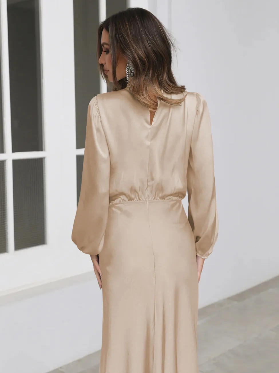 Selviera | Womens Satin Midi Dress with Long Sleeves in Teal, Emerald or Black – Modest Formal Outfit