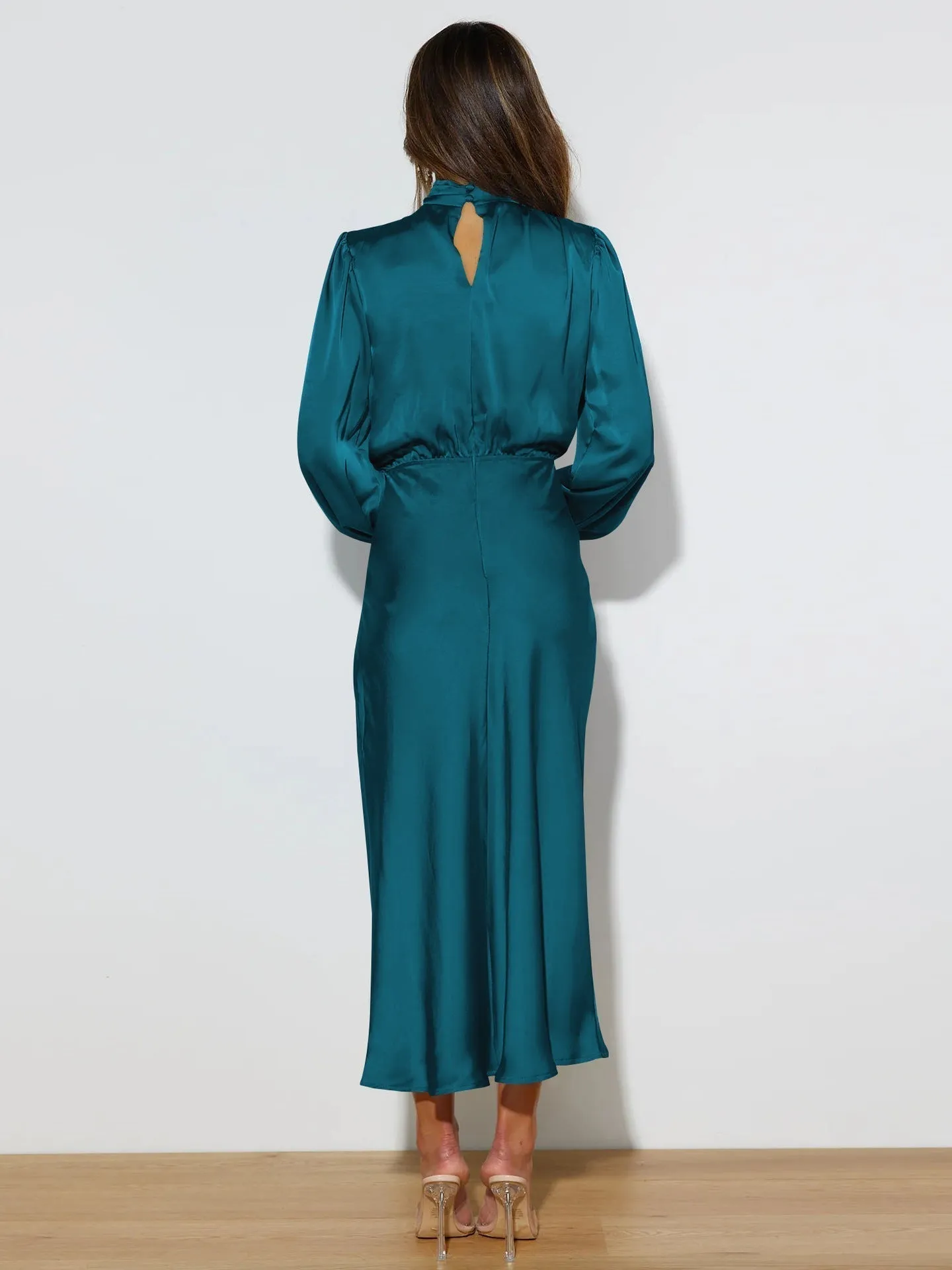 Selviera | Womens Satin Midi Dress with Long Sleeves in Teal, Emerald or Black – Modest Formal Outfit