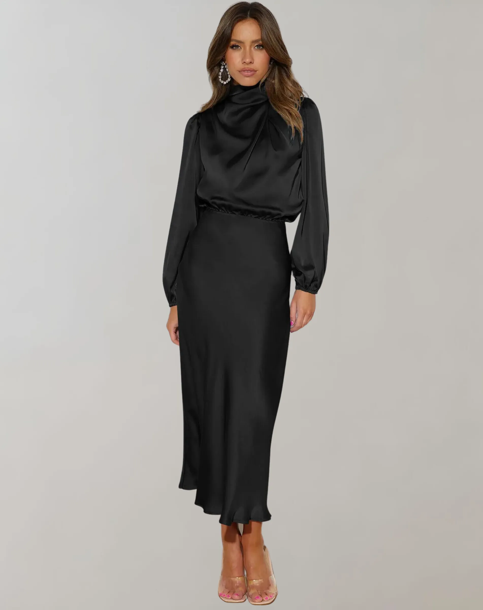 Selviera | Womens Satin Midi Dress with Long Sleeves in Teal, Emerald or Black – Modest Formal Outfit
