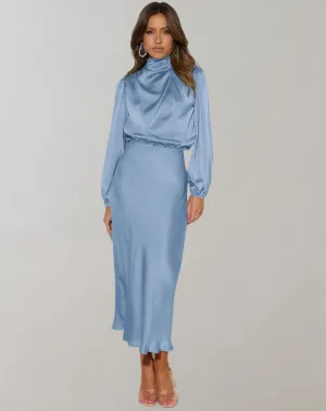 Selviera | Womens Satin Midi Dress with Long Sleeves in Teal, Emerald or Black – Modest Formal Outfit
