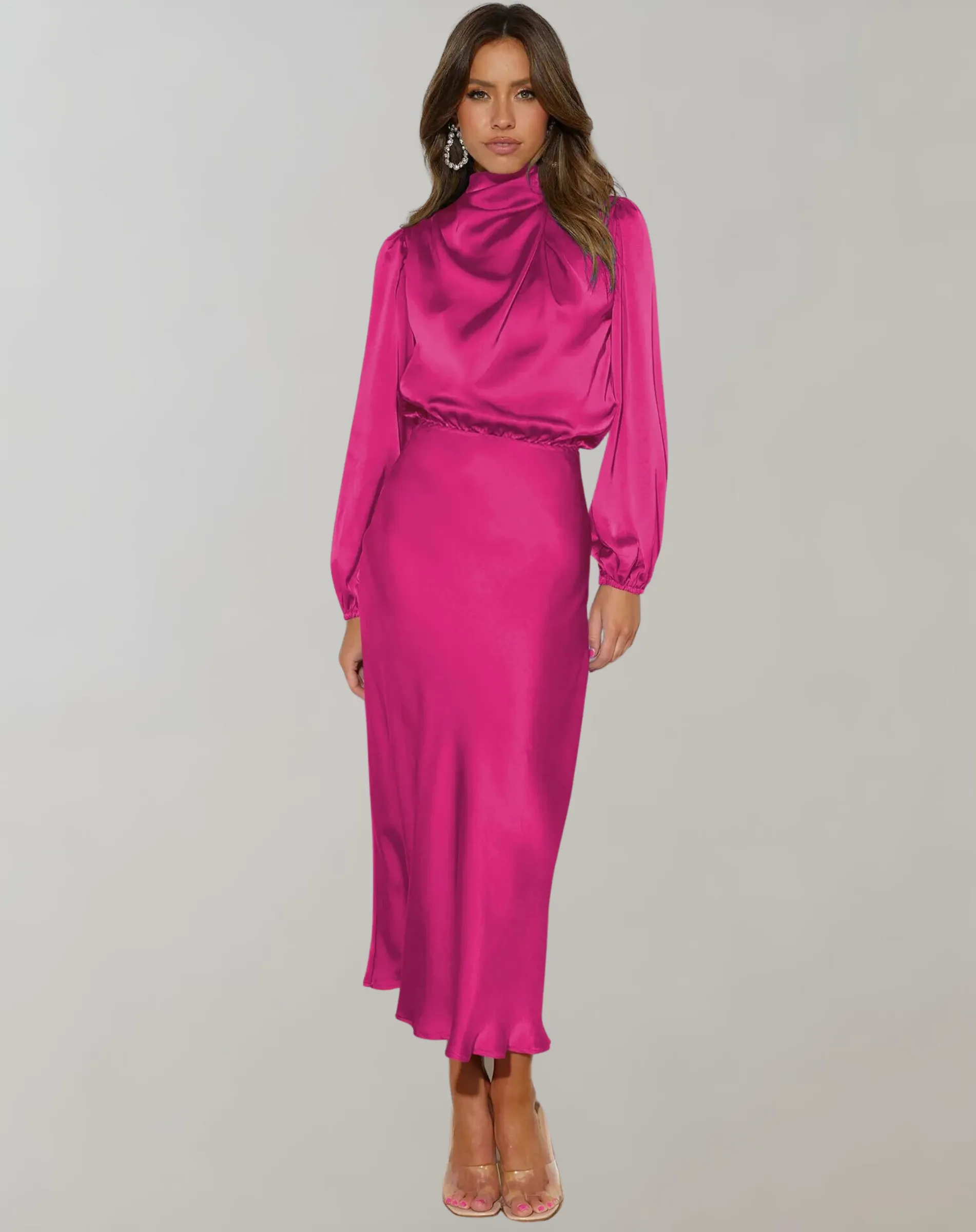 Selviera | Womens Satin Midi Dress with Long Sleeves in Teal, Emerald or Black – Modest Formal Outfit