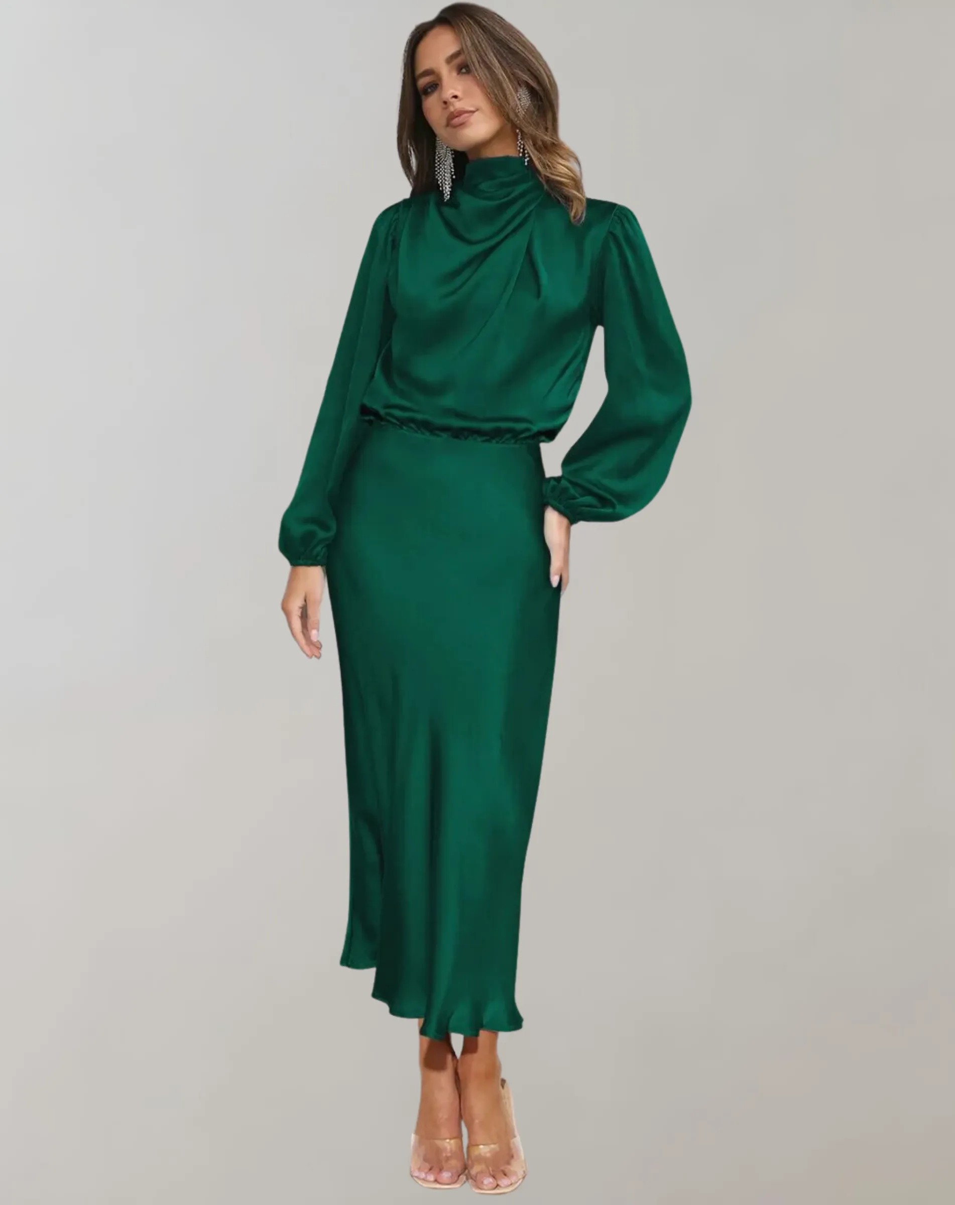 Selviera | Womens Satin Midi Dress with Long Sleeves in Teal, Emerald or Black – Modest Formal Outfit