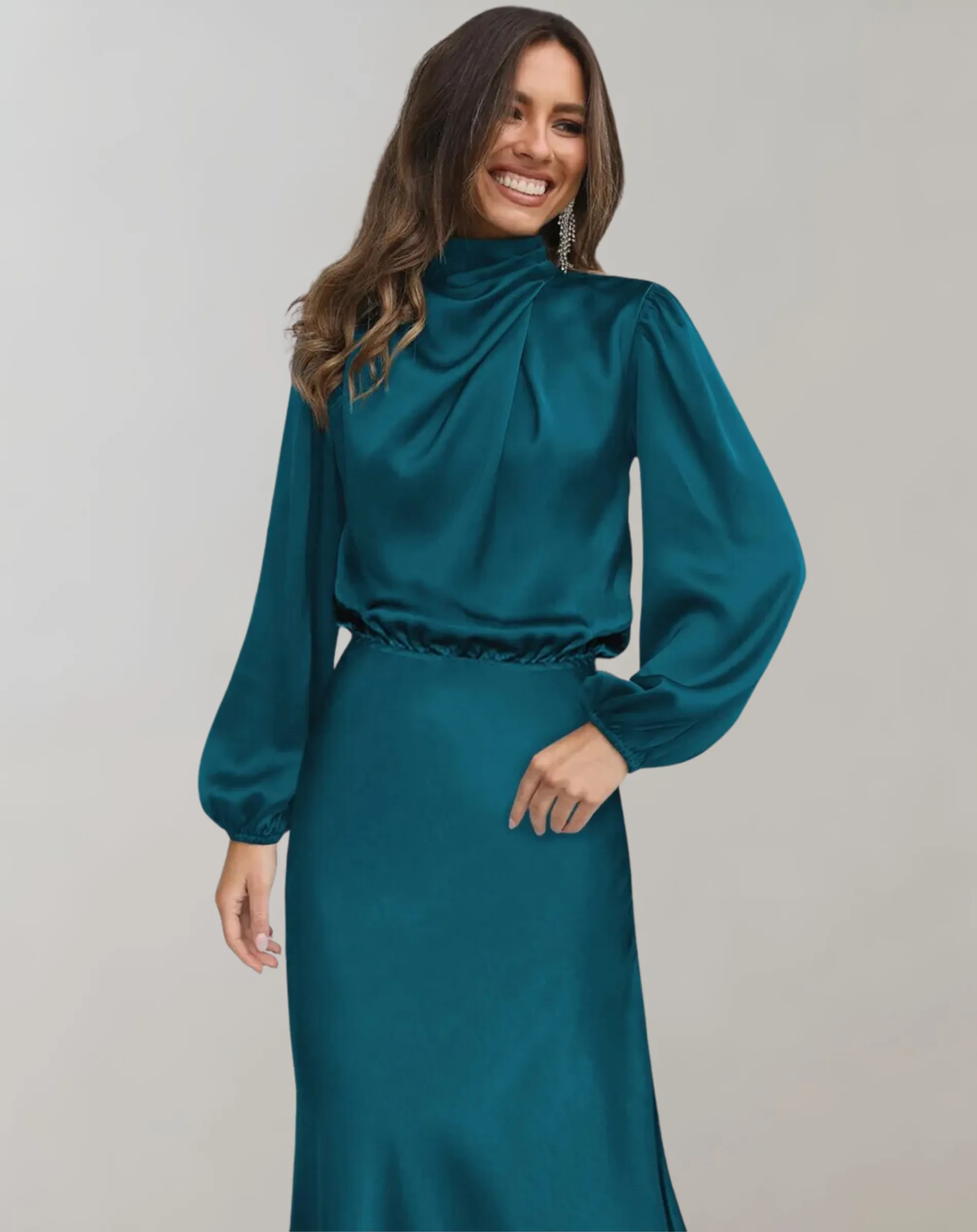 Selviera | Womens Satin Midi Dress with Long Sleeves in Teal, Emerald or Black – Modest Formal Outfit